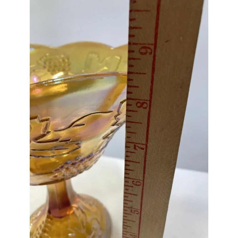 Vintage Amber Marigold CARNIVAL GLASS‎ Compote Pedestal BOWL Iridescent Grapes